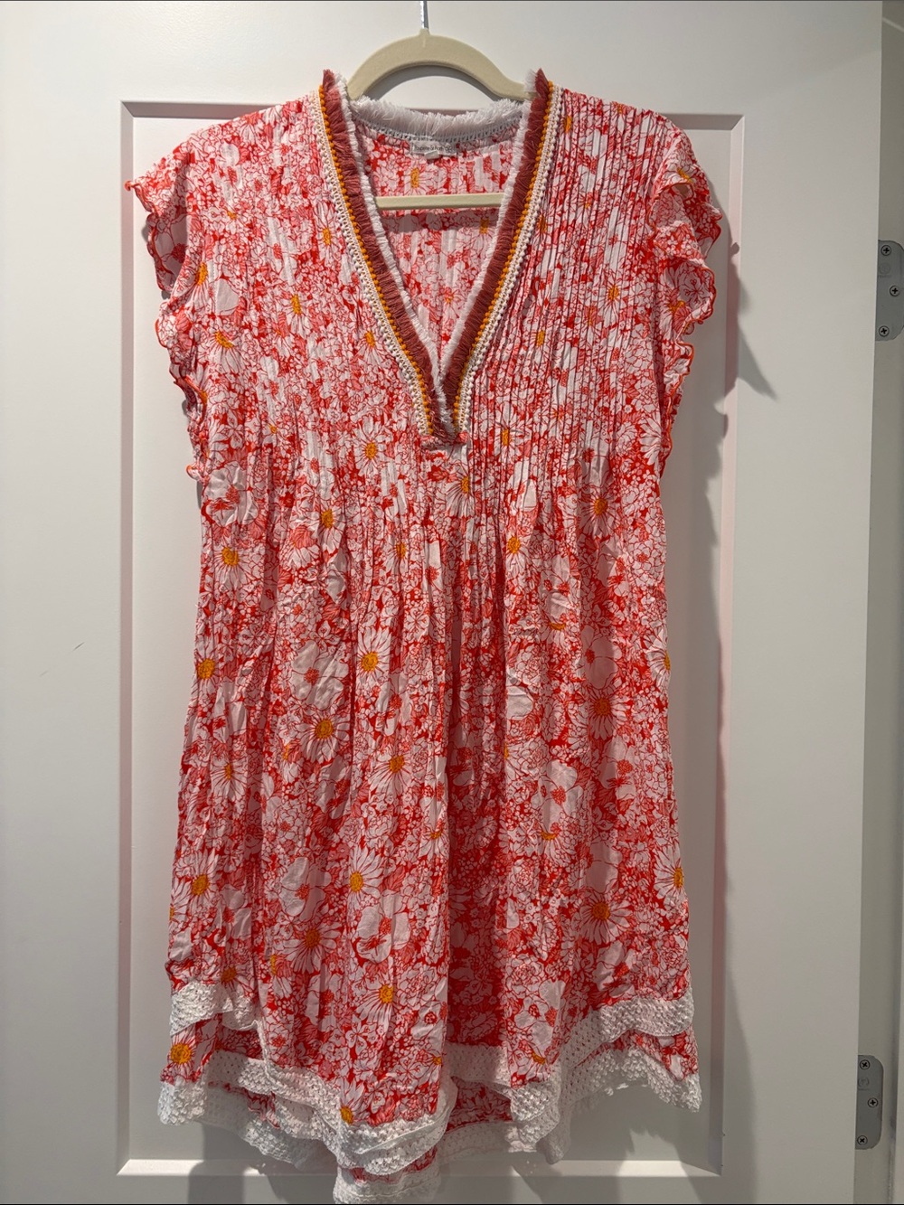 Poupette St. Barth Red-Pink Floral V-Neck Cotton Dress